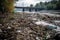 Polluted Riverbank Littered With Debris. Generative AI