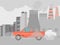 Pollution air by cars vector illustration. Cities road smog, factories and industrial smoke. Urban traffic jam with