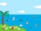 Pollution sea ocean concept, tropical shore place flat vector illustration. Environmental contamination plastic metal