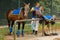 Polo equipment. Man saddling a polo horse.