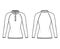 Polo Sweater technical fashion illustration with rib henley neck, classic collar, raglan sleeves, hip length, knit trim