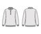 Polo Sweater technical fashion illustration with rib henley neck, long sleeves, oversized, hip length, knit rib trim
