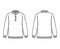 Polo Sweater technical fashion illustration with rib henley neck, long sleeves, oversized, hip length, knit rib trim