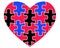 Polyamory symbol - a heart consisting of many puzzles of blue, red and black colors - vector picture. A jigsaw heart is a symbol o