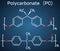 Polycarbonate PC thermoplastic polymer molecule. Structural chemical formula on the dark blue background