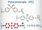 Polycarbonate PC thermoplastic polymer molecule. Structural chemical formula and molecule model