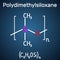 Polydimethylsiloxane, PDMS, silicone polymer, molecule. Structural chemical formula and molecule model on the dark blue background