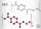 Polyethylene terephthalate or PET, PETE polyester, thermoplastic polymer molecule. Structural chemical formula and molecule model