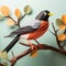 Polygon American Robin Paper Craft On Tree Branch Wall Art Design