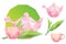 Polygon green tea leaves, polygon pink teacup and kettle