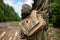 Polygon Knyaz-Volkonsky, RUSSIA - JULY 08, 2017: Military Medic with a first-aid kit. Red cross and butterfly