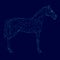Polygonal horse wireframe made of blue lines on a dark background. Side view. Vector illustration