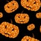 Polygonal triangle pumpkin for Halloween orange on blackbackground with evil face seamless pattern