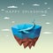 Polygonal whale in sea on floating island. Low