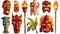 Polynesian tribal totems, tiki masks and burning torches on a bamboo stick. Modern cartoon set of ancient wooden gods