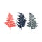 Polypodiophyta. Fern. Set of leaves in red, blue and gray colors.