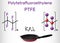 Polytetrafluoroethylene or PTFE polymer molecule with non stick frying pan. Structural chemical formula and molecule model