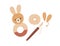 Pom-pom animal toy, yarn, threads and crochet hook. Process of making cute pompom bunny. Composition with handwork and