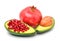pomegranate, avocado, pomegranate seeds on white