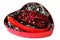 Pomegranate chocolate bars tied with red ribbon bow in a heart shaped box with chili pepper