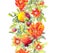 Pomegranate fruits, red flowers. Seamless floral frame . Watercolor strip