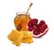 Pomegranate, honey jar and honeycomb slices isolated on white ba