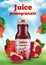 Pomegranate juice. Ads promotional placard with juice liquid healthy products in bottle decent vector pomegranate