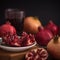 Pomegranate juice in a glass with fresh cuted pomegranates around