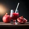 Pomegranate juice in glass with straw placed on wooden table. Generative AI.