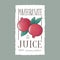 Pomegranate juice label. Healthy fruit beverage. Two red fruits with leaves on a white label with uneven edge.