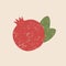 Pomegranate with leaves, textured scratched flat style illustration on nude background