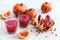 Pomegranate liqueur in a glasses on wooden table. Selective focus.