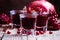 Pomegranate liqueur, old wooden background, selective focus