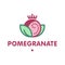 Pomegranate logo. Vector design of an emblem, icon, sticker, or logo in a flat style. Garnet concept with leaves and grains. Ripe