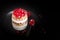 Pomegranate parfait - sweet organic layered dessert with granola flakes, yogurt and fruit seeds on black background.