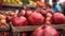 Pomegranate. Ripe pomegranate. A bunch of fruits in a street stall. Selective focus. AI generated