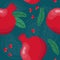 Pomegranate seamless pattern. Colorfull red pomegranate whith seeds and leaves on the dark blue background.