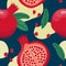 Pomegranate seamless pattern. Colorfull red pomegranate whith seeds and leaves on the dark blue background whith yellow