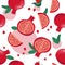 Pomegranate seamless pattern. Colorfull red pomegranate whith seeds and leaves on the white background whith red spots.