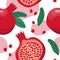 Pomegranate seamless pattern. Colorfull red pomegranate whith seeds and leaves on the white background whith red spots.