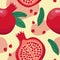 Pomegranate seamless pattern. Colorfull red pomegranate whith seeds and leaves on the yellow background whith red spots.