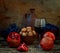 Pomegranate, walnuts and glass of wine