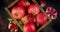 Pomegranates on wooden tray with cool steam.