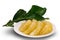 Pomelo flesh in a white dish and leaves on white background