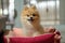 Pomeranian with brown hairs sitting on home background and waiting and looking at a snack for reward
