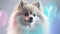 Pomeranian Dog Medium Shot White Pink Blue Magical Fantasy Bokeh. Generative AI