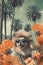 pomeranian dog with sunglasses, flowers and palms, surreal collage with vintage style. Generative AI