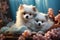 Pomeranian puppies on sofa. Generative AI