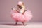 Pomeranian spitz as a ballerina dancer in a tutu on pastel background. Dog dancing in ballerina outfit doing a pirouette. Classic