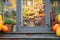 Pomeranian Spitz dog sitting inside flower shop with pumpkins behind glass door. Autumn season.